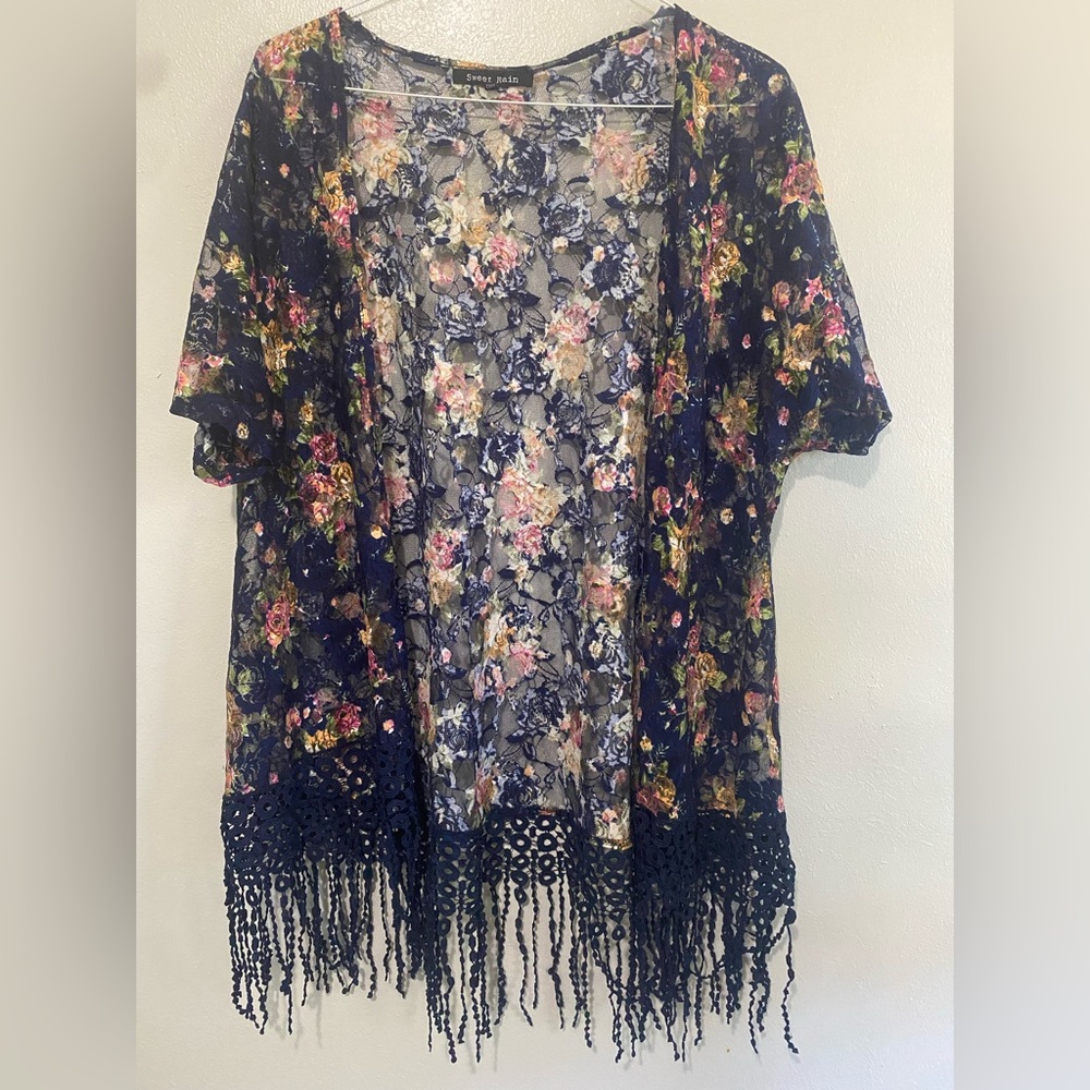 Sweet Rain Navy Floral Lace Kimono